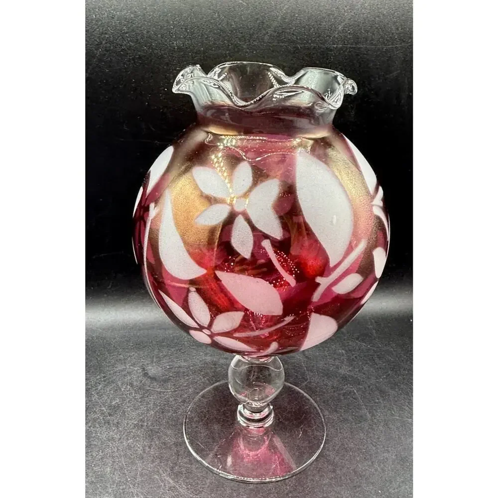 Cranberry Flower Rose Bowl Vase Glass Etched Pedestal Ruffled Rim Vintage